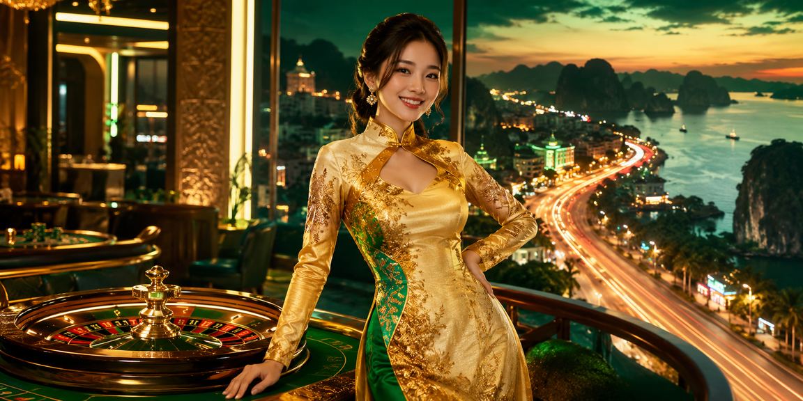 Người mặc áo dài chơi Roulette với phong cảnh Vịnh Hạ Long trong nền