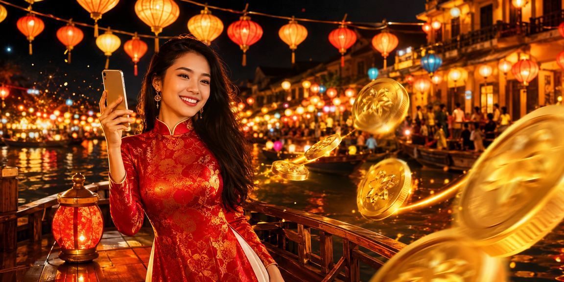 Người dùng trải nghiệm mobile casino tại Hội An với trang phục áo dài truyền thống